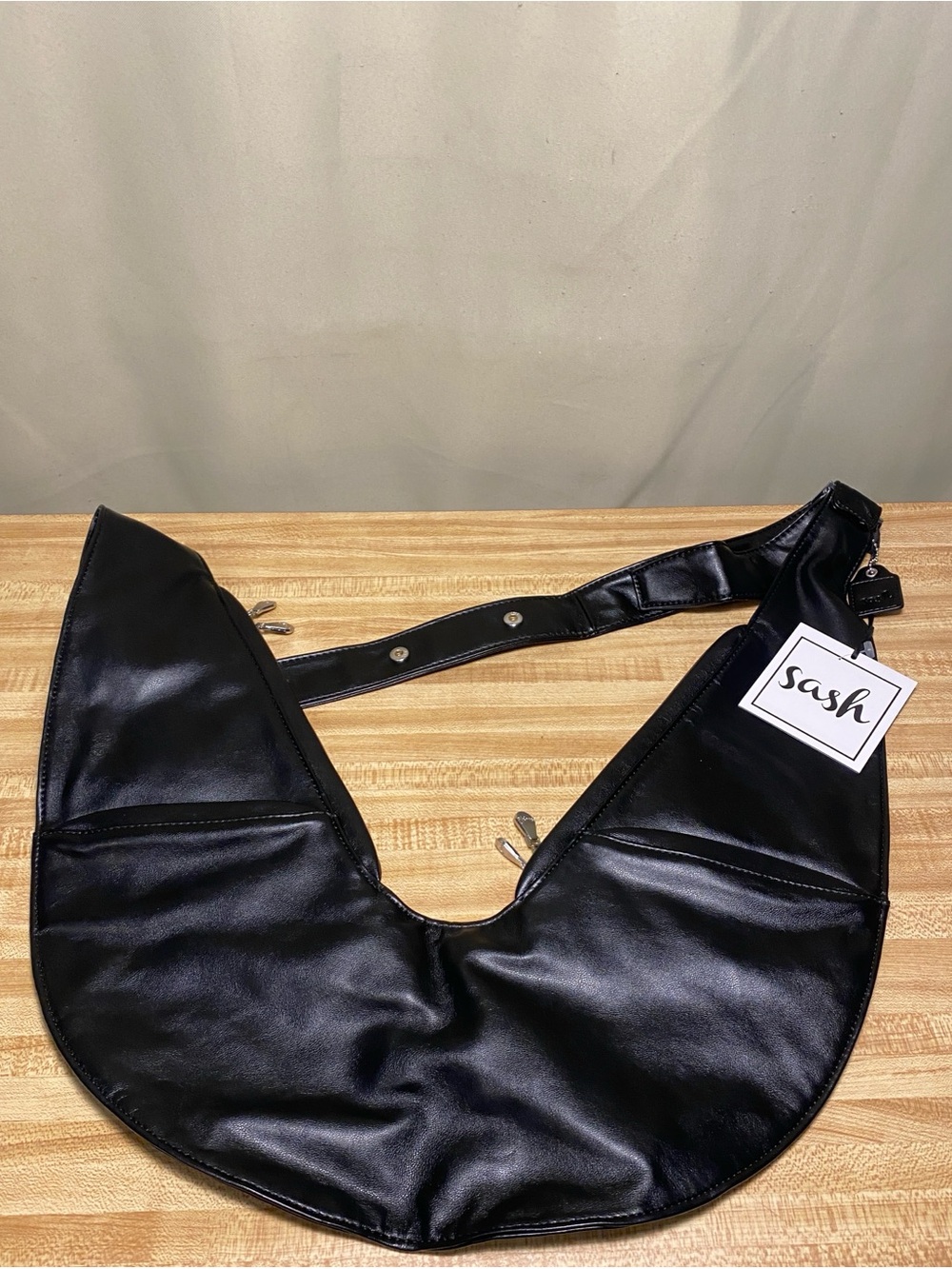 Sash Black Faux Leather Crescent Shoulder Bag Crossbody Sling Purse Travel NWT